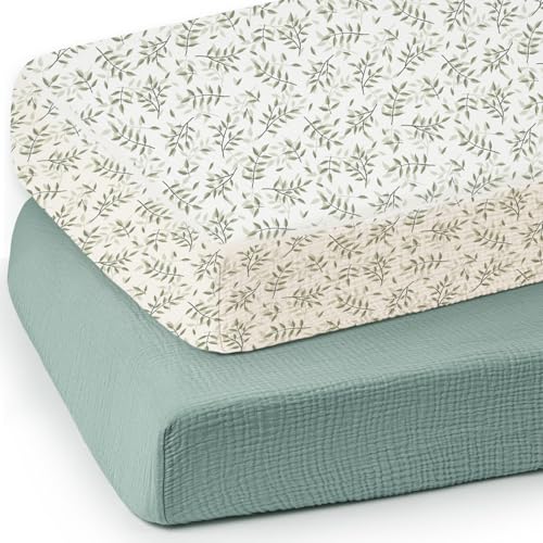 Image of lulumoon Baby Muslin Crib Sheets: Soft & Breathable Fitted Crib Sheets for Boys - Green Leaf Sheets for Standard Crib 2Pack