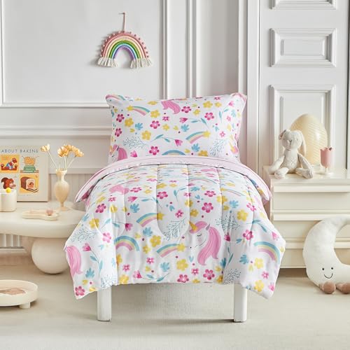 Image of Unicorn Toddler Bedding Set for Girls Light Pink Unicorn Flowers 4PC Toddler Bed Set - Soft Blue Yellow Floral Rainbow Cute Princess Toddler Bed in a Bag with Pink Sheet Set and Pillow Shams