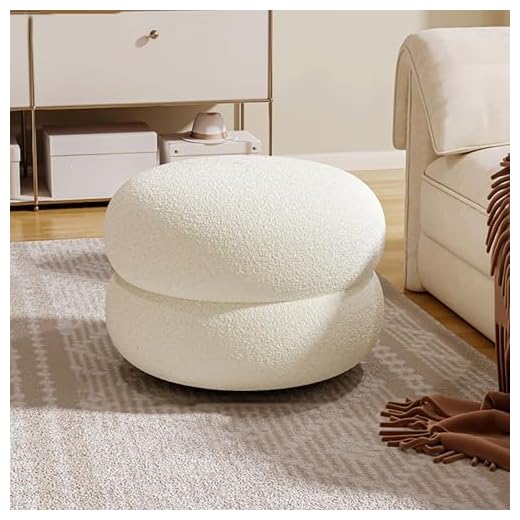 Sherpa Ottoman Stool - Modern Round Boucle Foot Stool for Living Room & Bedroom - Soft Padded Vanity Stool, Upholstered Footrest Ottoman, Compact Design for Couch - Gray Color