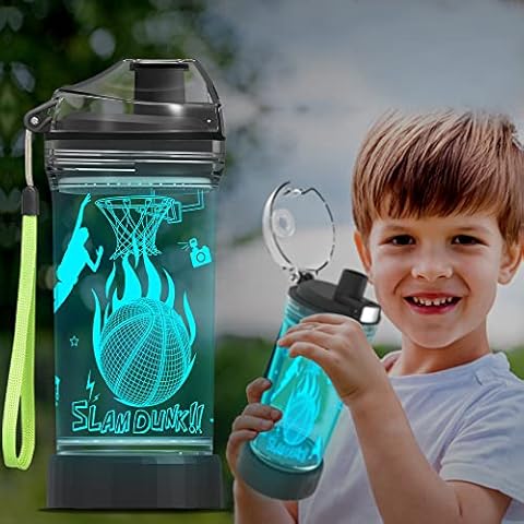 Ammonite Kinder-Basketball-Wasserflasche mit 3D-LED-Licht, 400 ml, Tritan, BPA-frei, kreativ, ideales Reise-Geschenk für Schule, Kinder Cover