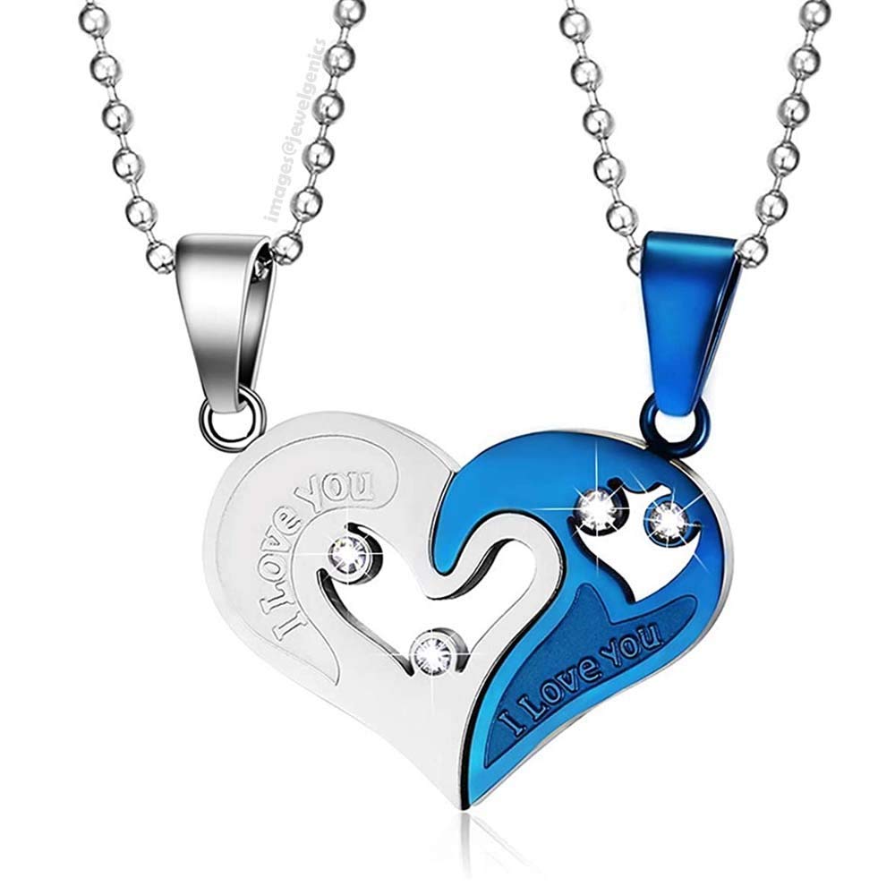 Jewelgenics Valentines Special I Love You Engraved Duo Heart Pendant Chain Necklace for Girlfriend Lover Soulmates (Silver-Blue) (B08QR9XFXQ) Amazon Price History, Amazon Price Tracker