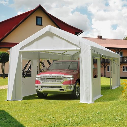 Image of 13x20FT Heavy Duty Carport Canopy 4 Roll-Up Doors & 4 Windows Portable Garage All-Season Outdoor Storage Shed for Car Truck Boat Shelter Party Tent, White