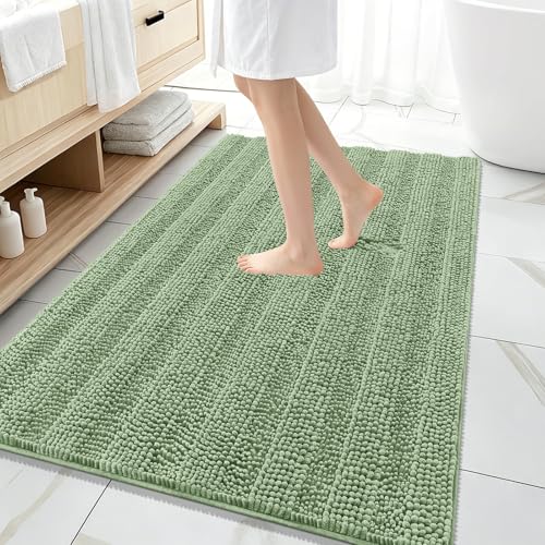 Image of OLANLY Thick Large Bathroom Rugs 59x35, Extra Soft Absorbent Chenille Striped Bath Rugs, Rubber Backing, Machine Wash, Bath Mats for Bathroom Floor, Tub and Shower, Home Decor Accessories, Sage Green