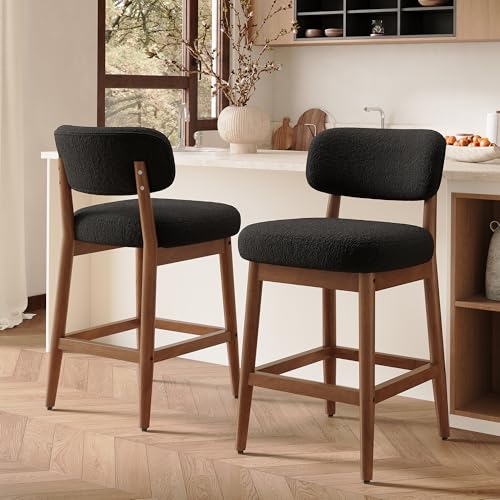 Image of Counter Height Bar Stools Set of 2, Mid-Century Modern Boucle Bar Chairs with Solid Wood Frame, Fluffy Upholstered Stools with Backrest for Kitchen Island, Home Bar, Charcoal Black