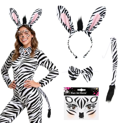 Zebra Kostüm Set, Damen Haarreif mit Zebraohren, Fliege, Schwanz, Zebra Gesicht Aufkleber, Dschungel Party Kostüm, Tierohren Stirnband Accessoires...