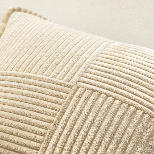 Image of MIULEE Decorative Throw Pillow Covers for Couch Bed Livingroom 20x20 Inch Set of 2 Cream Boho Accent Throw Pllows Broadside Striped Patchwork Soft Corduroy Pillowcases