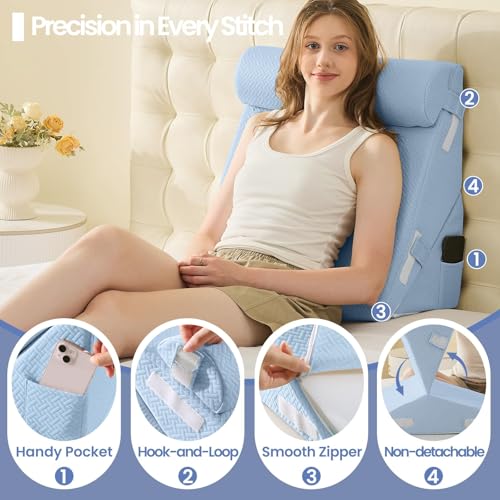 Image of Sasttie Wedge Pillow Set for After Surgery, 2PCS Adjustable Bed Wedge Pillow Headboard with Memory Foam Neck Cushion - for Acid Reflux, Sleeping, Neck & Back Support, Blue