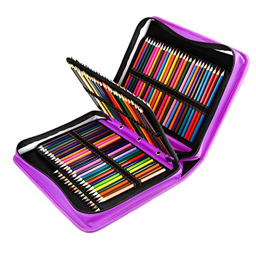 YOUSHARES 180 Slots PU Leather Colored Pencil Case - Large Capacity Carrying Case for Prismacolor Watercolor Pencils, Crayola Colored Pencils, Marco Pens, Gel PensPurple