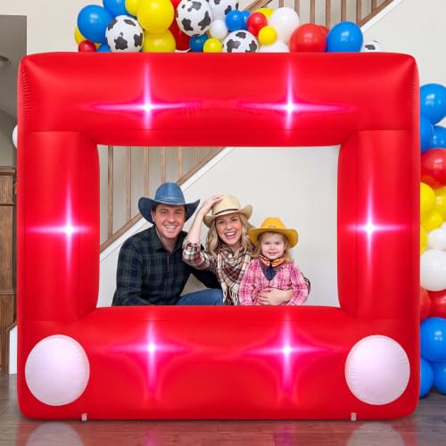 Soulchen 6 x 5 ft Inflatable Cartoon Story Photo Frame Decor with Built in LEDs Lighted and Air Blower Large Red Blow up Giant Picture Frame for Birthday Photo Props
