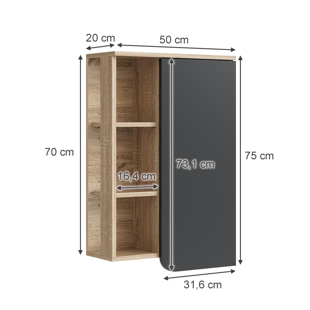 Vicco Mobile bagno Karen, Sonoma/antracite, 50 x 75 cm con porta e vani aperti, per montaggio a parete con vani a giorno e vani chiusi