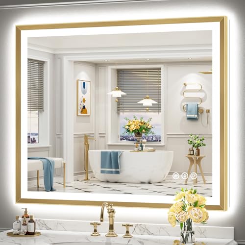 Image of 48x40 Gold Beveled LED Bathroom Mirror with Lights, Brushed Gold Framed Backlit and Front Lit Anti-Fog Lighted Vanity Mirrors for Bathroom Wall, Dimmable, 3 Colors, Memory, HD Tempered Glass