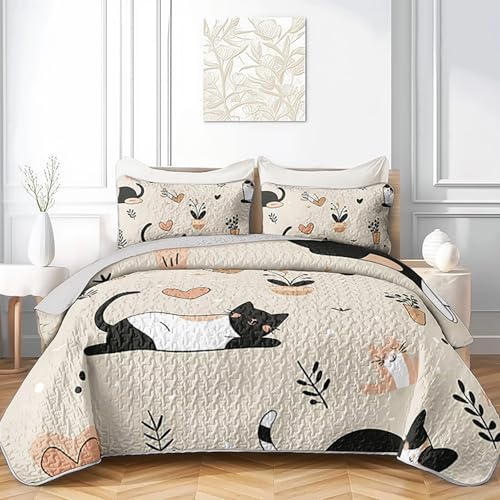AILONEN Cute Cat Quilt Set Queen Size 3Pcs Kawaii Beige Cartoon Kitty Bedspread Coverlet Cozy Pet Animal Bedding Set for Girls Women Bedroom Decor 1 Quilt and 2 Pillowcases