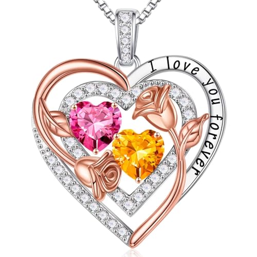 Iefil Birthstone Necklace for Women Birthday Gifts for Women Pink Sapphire Citrine Necklace October November Birthstone Jewelry