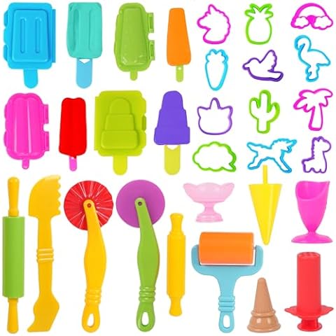 Oun Nana Playdough Tool Set, 31 PCS Playdough Ice Cream Set for Kids, Playdough Accessories Includes Assorted Animal Cutters, Summer Themed Molds, Popsicle Molds and Dough Extruder, Random Color Cover