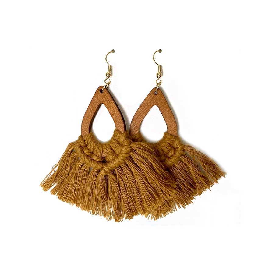 Bohemia Tassel Earrings Statement Handmade Dangle Ethnic Fringe Earrings Bamboo Weaving Geometric Square Sector Gifts for Women