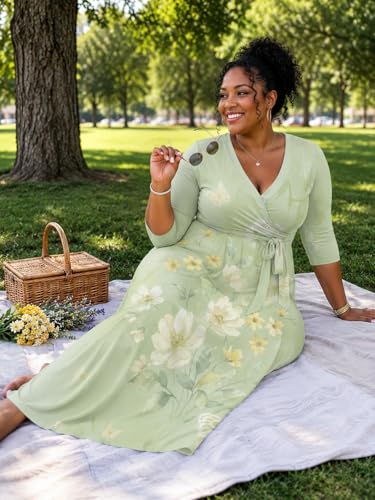 Image of SUZONANA Plus Size Dresses for Women Floral Print Maxi Dress Flowy 3 /4 Sleeve with Belt