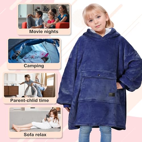 Catalonia Sherpa Wearable Blanket Hoodie for Kids (Navy, 7-16 yr) — view 5