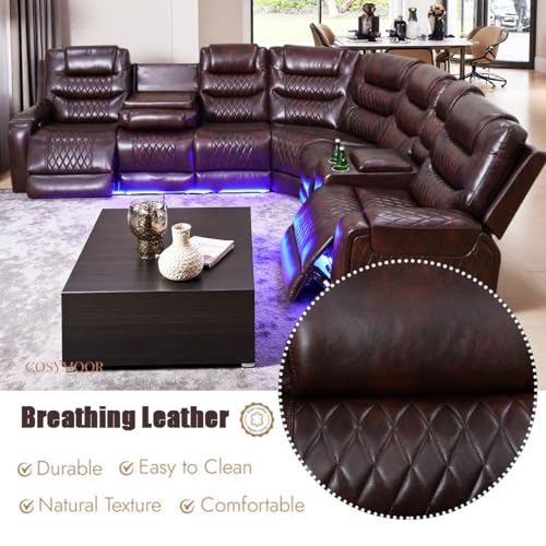 Image of Leather Power Recliner Sectional Sofa Set with LED, Breathing Leather Reclining Corner Couch & Loveseat, L-Shaped Recliner Sofa Power Loveseat with Cup Holders /Storage for Living Room