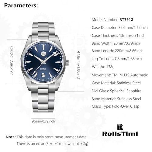 Image of RollsTimi Men's Watch Premium Stainless Steel Automatic Watch with Japanese NH35 Movt, Sapphire Crystal Glass, 38.6mm Case, Luxury Analog Waterproof Wristwatch for Men