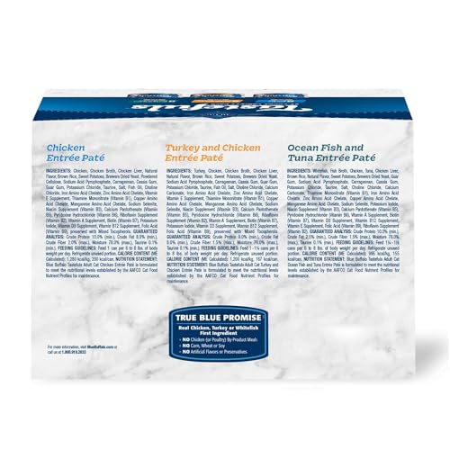 Blue Buffalo Tastefuls Wet Cat Food Paté Variety Pack Chicken Turkey & Chicken Ocean Fish & Tuna, 5.5 oz. Cans (12 Count)