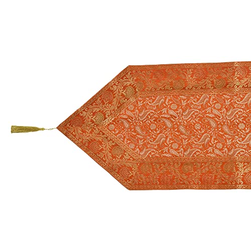 Image of E-EZRA Room Decor Banarasi Silk Handmade Flower V Shape Table Runner Dinning & Centre Table Long Runner Bed Runner Gold Tassels End Size 14 X 80 inches (Orange)