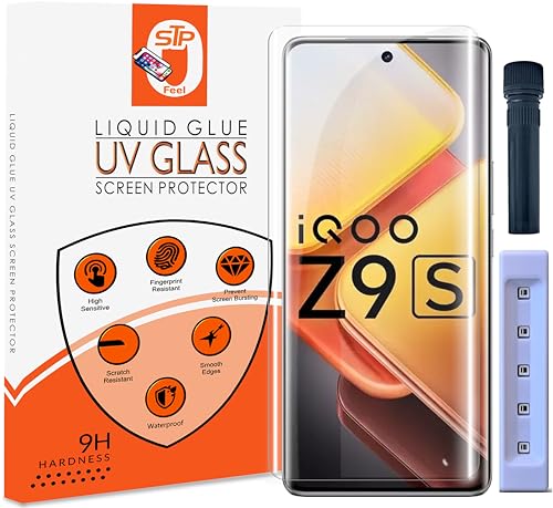 Image of STP FEEL Advanced UV Tempered Glass Screen Protector Guard Compatible For IQOO Z9s 5G / IQOO Z9s Pro 5G (6.78 Inch, Pack of 1) Full Adhesive UV Curved Case Friendly HD Clarity with installation kit