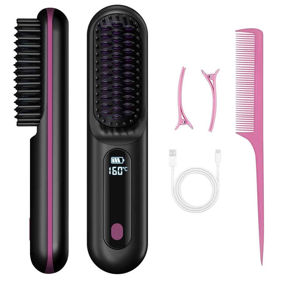 Cepillo Suavelia, Cepillo Inalámbrico Pelo Corto, Alisador Cerámico Para Pixie, Bob, Flequillo, Peinado Rápido Sin Tirones, Volumen Duradero (Negro)