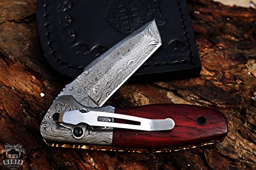 Black Mamba Knives BMK-414 Indian Red Scorpion 8.5 Long 4 Blade 6 Ounce Damascus Tanto Pocket Knives Handmade Damascus Pocket Folding Snake Wood Knife With Leather Cover Hand Made Word Class Knives