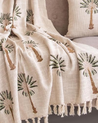 Image of 100% Cotton Jute Palm Tree Sofa Throw 127x178 cm with 2pcs Cushion Cover 40x40 cm - Beige (1 Sofa Throw with 2 Cushion Covers)