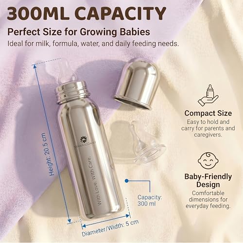 Image of StarAndDaisy Baby Milk Bottle for new Born /Infant /Toddler Pack of 2-300 ML SUS 304 Steel Baby Feeding Bottle for 0+ Months, BPA Free Leakproof Bottle, Anti Colic, Easy to Clean & Extra Nipple