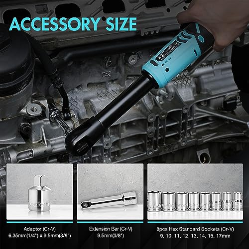 DURATECH Elektrische ratelsleutelset, verlengde batterij ratelschroevendraaier 12 V, 3/8 inch, 60 Nm, draadloze ratel met 2 x 2,0 Ah accu, LED-licht, inclusief 10 doppen, opbergtas, oplader - Afbeelding 5