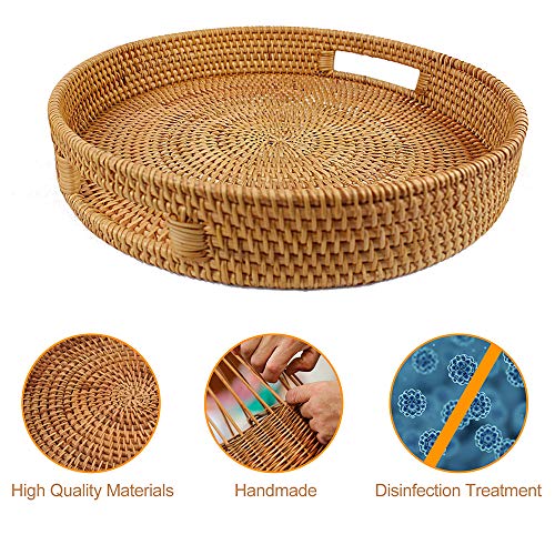 Rattan Basket Round Coffee Table Tray Hand Woven Serving Trays for Ottomans Decorative Trays for Coffee Table Gift Baskets Restaurant Bread Fruit Vegetables Food Serving Display Basket, 13.6" x 2.4" - Image 5