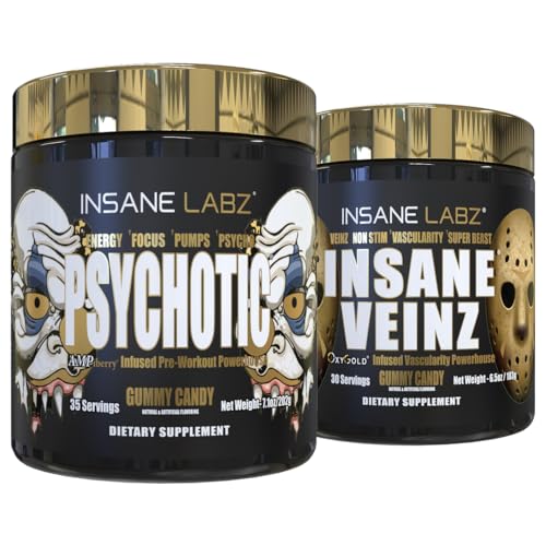 Insane Labz Psychotic Gold and Insane Veinz Gold Pre Workout Nitric Oxide Booster Stack, Increase Muscle Mass, Vascularity, Strength, Energy, Focus, Gummy Candy