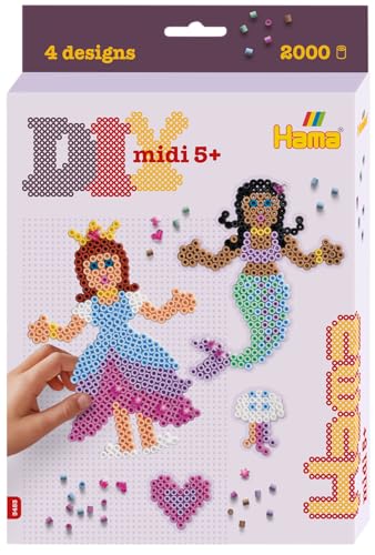 HAMA Caja colgante Princesa y Sirena | Aprox. 2.000 perlas, 1 placa princesa nº 258, 1 Hama Gems, hoja de diseño impresa a color, instrucciones y papel de planchado