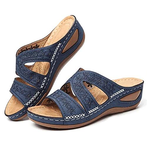 Orthopädische Arch-Support-Sandalen aus weichem Fußbett aus Arizona 2021, Damen Wedge Fish Mouth Platform Mehrfarbig bestickte Sandalen Hausschuhe (40,Blue) Cover