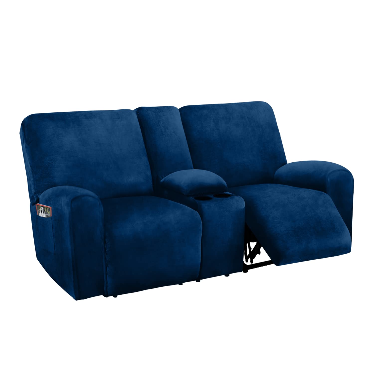 ULTICOR Reclining Love Seat with Middle Console Slipcover, 8-Piece Velvet Stretch Loveseat Reclining Sofa Covers, 2 seat Loveseat Recliner Cover, Thick, Soft, Washable, Loveseat Slipcovers (Navy)