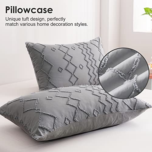 Image of WARMDERN Boho Duvet Cover Set 3 Piece Grey Full Duvet Cover Set Washed Microfiber Tufted Bedding Set with Zipper Closure Stripes Duvet Cover and 2 Pillowcases(Full,Grey)