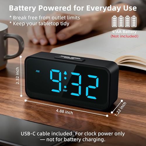 Image of Battery Operated Small Alarm Clock: Digital Compact Large Display Cordless Clock for Bedroom Travel - Simple to Use for Seniors Teens Blue Digits