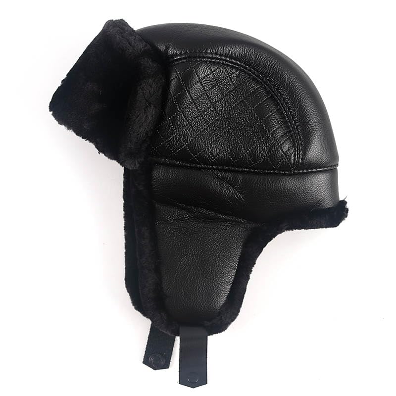 Gorro de Invierno Térmico Gorra de nieve de cuero Sombrero de bombardero for hombre Sombreros de invierno térmicos de piel sintética negra con gorra de papá con orejeras Sombrero de Aviador para Esqui