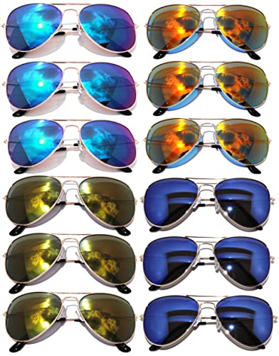 Wholesale Aviator Gold Color Frame Sunglasses Full Mirror Lens Blue, Blue-Green, Red, Yellow -12 Pack OWL ®.
