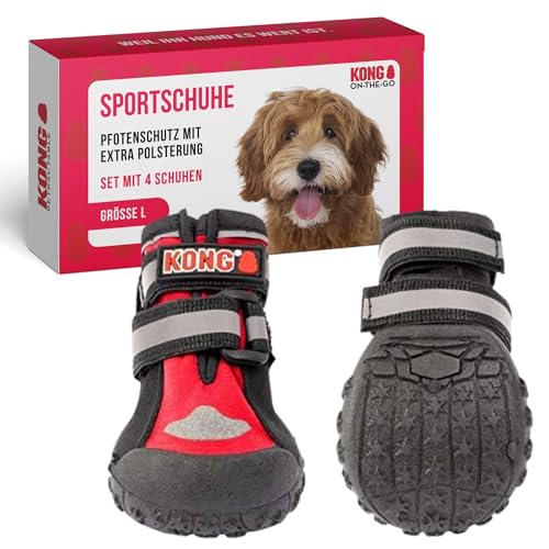 KONG Sportschuhe für große Hunde 4 Stück in Größe L I Hochwertiger Pfotenschutz mit Polsterung I Bequeme Schuhe für Hundepfoten I Einfache & sichere Nutzung I Robustes & waschbares Material