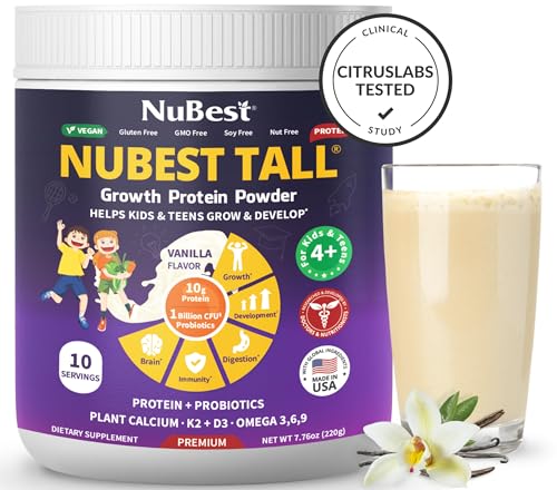 Image of NuBest Tall Vanilla Plant-Based Protein Powder for Kids & Teens - Healthy & Immunity with Probiotics, Omega 3-6-9, Vitamin D3 + K2, Calcium & Vitamins - 10 Servings | 2 Week Supply