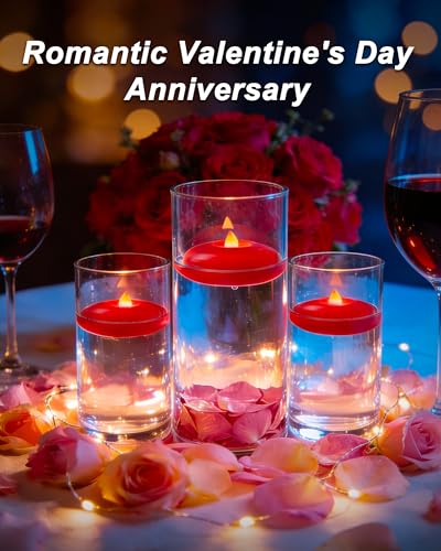 Image of Homemory 12 Pack 3 inch Flameless Led Floating Candles, 200 Hour Red Battery Operate Waterproof Tealights for Cylinder Vases, Centerpieces at Wedding Decor, Party, Pool