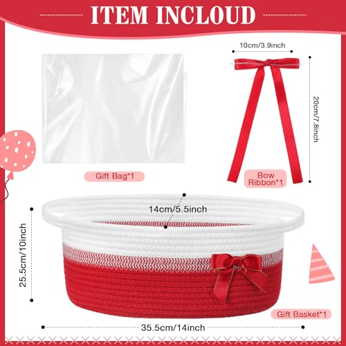 Image of Colingmill 1 Set Woven Basket for Gift Empty with Cellophane Wrap Set 14 x 10 x 5.5 Inch, Medium Decorative Gift Basket Empty to Fill, Cotton Rope Storage Box Decor (Red White)