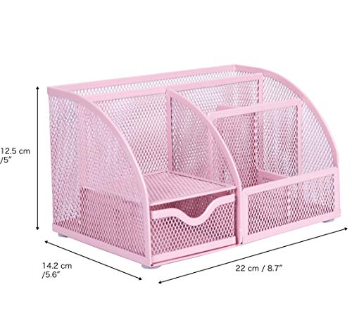 Exerz Mesh Desk Organizer Office with 7 Compartments + Drawer/Desk Tidy Candy/Pen Holder/Multifunctional Organizer Color Light Pink (EX348-LPK) - Thumbnail 4