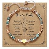 Naturstein Armband Damen mit Herz Anhänger, bracelet women als Glücksarmband & Freundschaftsarmband, Geschenk Naturstein Armband mit Schmuckbox, Boho Schmuck Damen für Geburtstag & besondere Anlässe