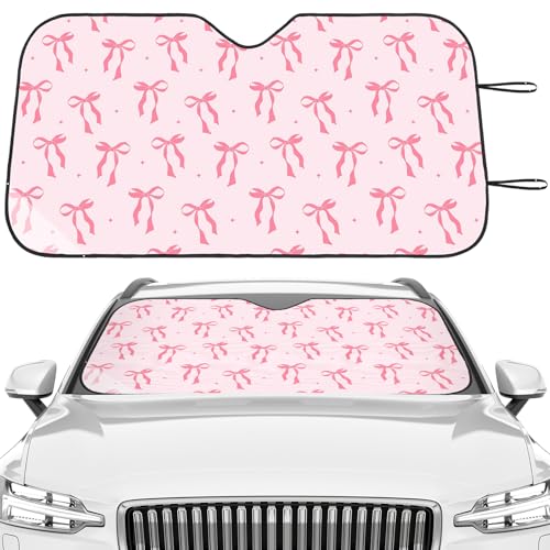 BBTO Pink Bow Car Windshield Sun Shade Cute Cars Visor Front Windshield Sun Protector to Keep Cooler Vehicle Automotive Sunshade Interior Heat and UV Protection 55 x 27.6 Inch