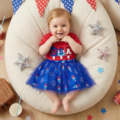 Image of Kayotuas Toddler Baby Girl 4th of July Outfit American Flag Shirt Red Blue Stars Tulle Tutu Skirts Kids Fourth of July Dress