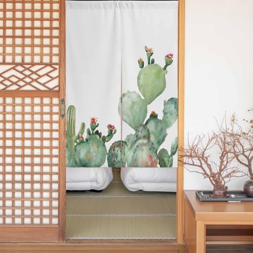 Sauoromeon のれん カーテン 幅75x丈150cm 厚手 遮光 暖簾 ドアカーテン 仕切り 目隠し 通気性 和風 おしゃれ フラット リング対応 ひも付き サボテン 熱帯植物 白色 勝手口 玄関 キッチン リビング 春夏秋冬