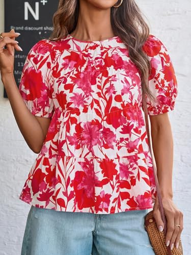 Image of Tankaneo Womens Puff Sleeve Peplum Babydoll Tops Summer Flowy Pleated Cotton T-Shirts Casual Loose Fit Cute Blouse